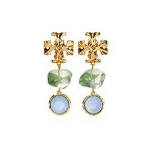Tory Burch Roxanne Double Drop Clip-On Earrings (Rolled Brass/Green/Clear)
